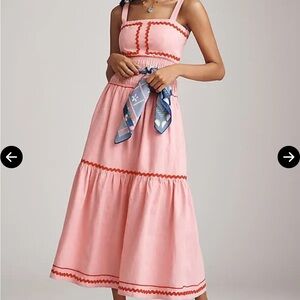 English Factory Pink Midi Dress with Red Trim Anthropologie